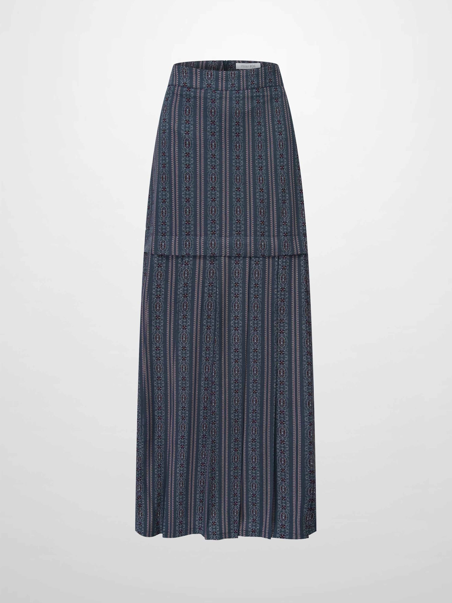 Pleat Bottom Flower Print Skirt-Blue Striped Medallion