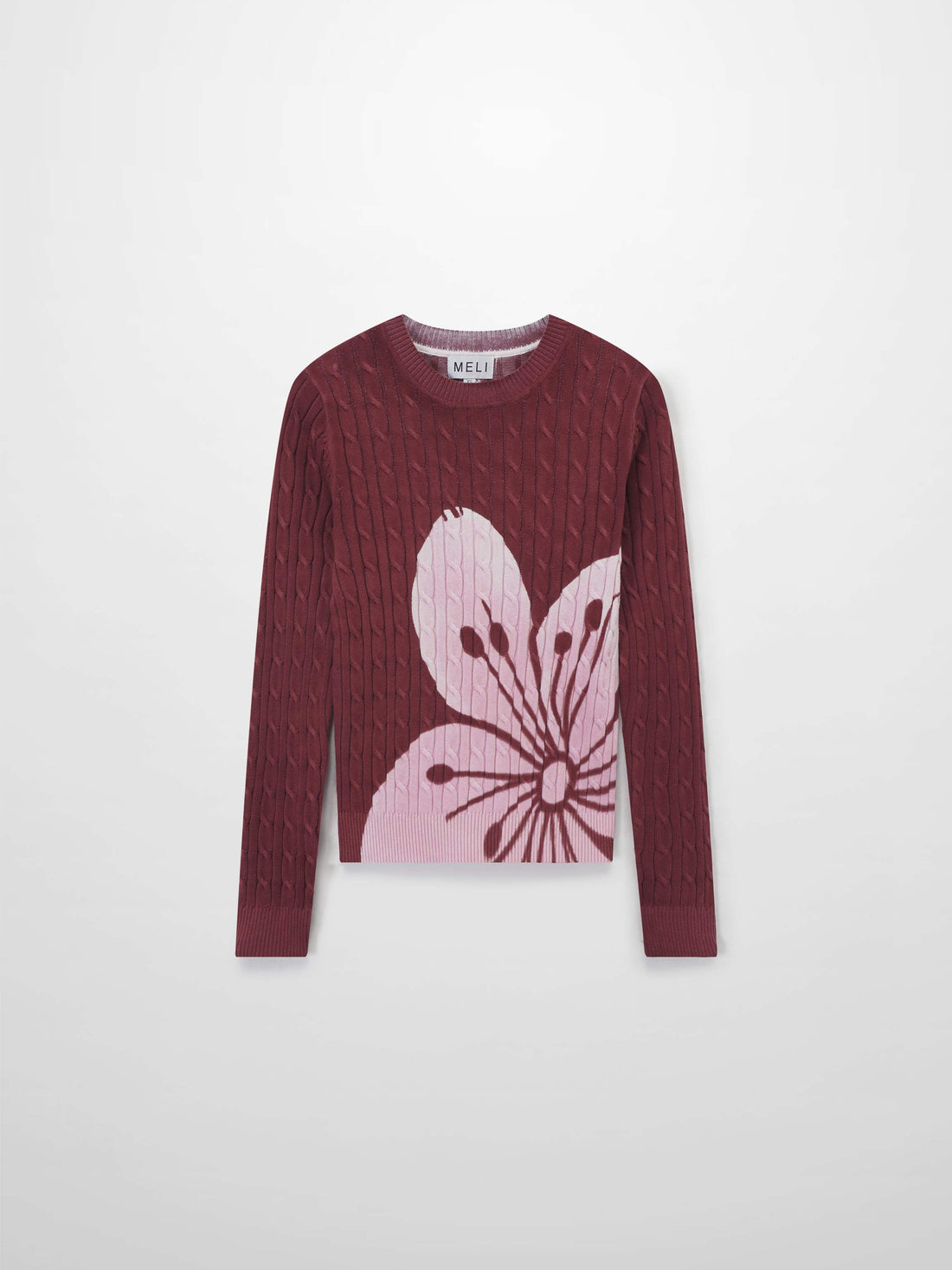 Printed Cable Sweater-Maroon/Pink Flower