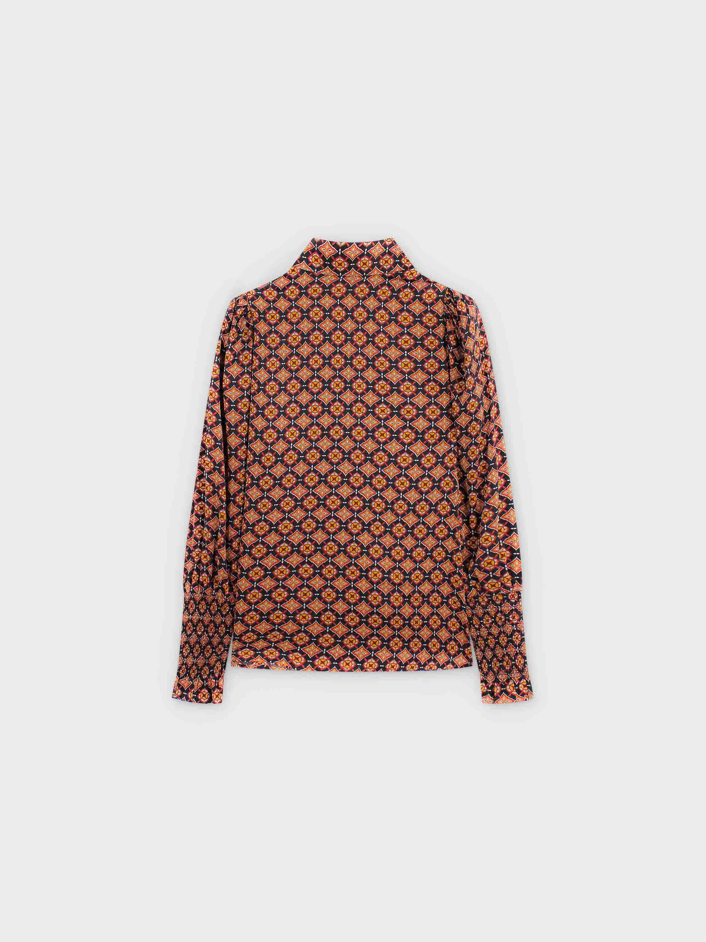 SMOCKED BLOUSE-GEOMETRIC MEDALLION BROWN