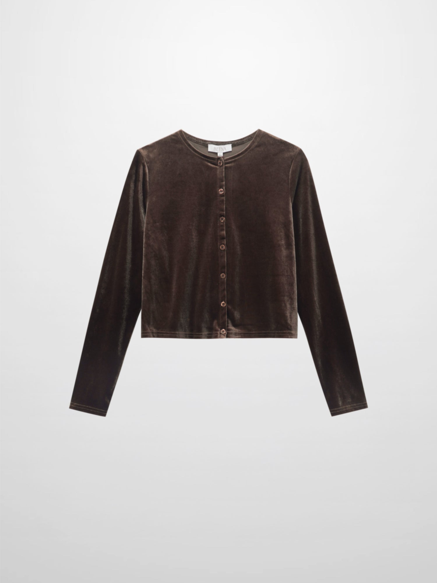 Velour Button Down Crew Cardigan-Brown