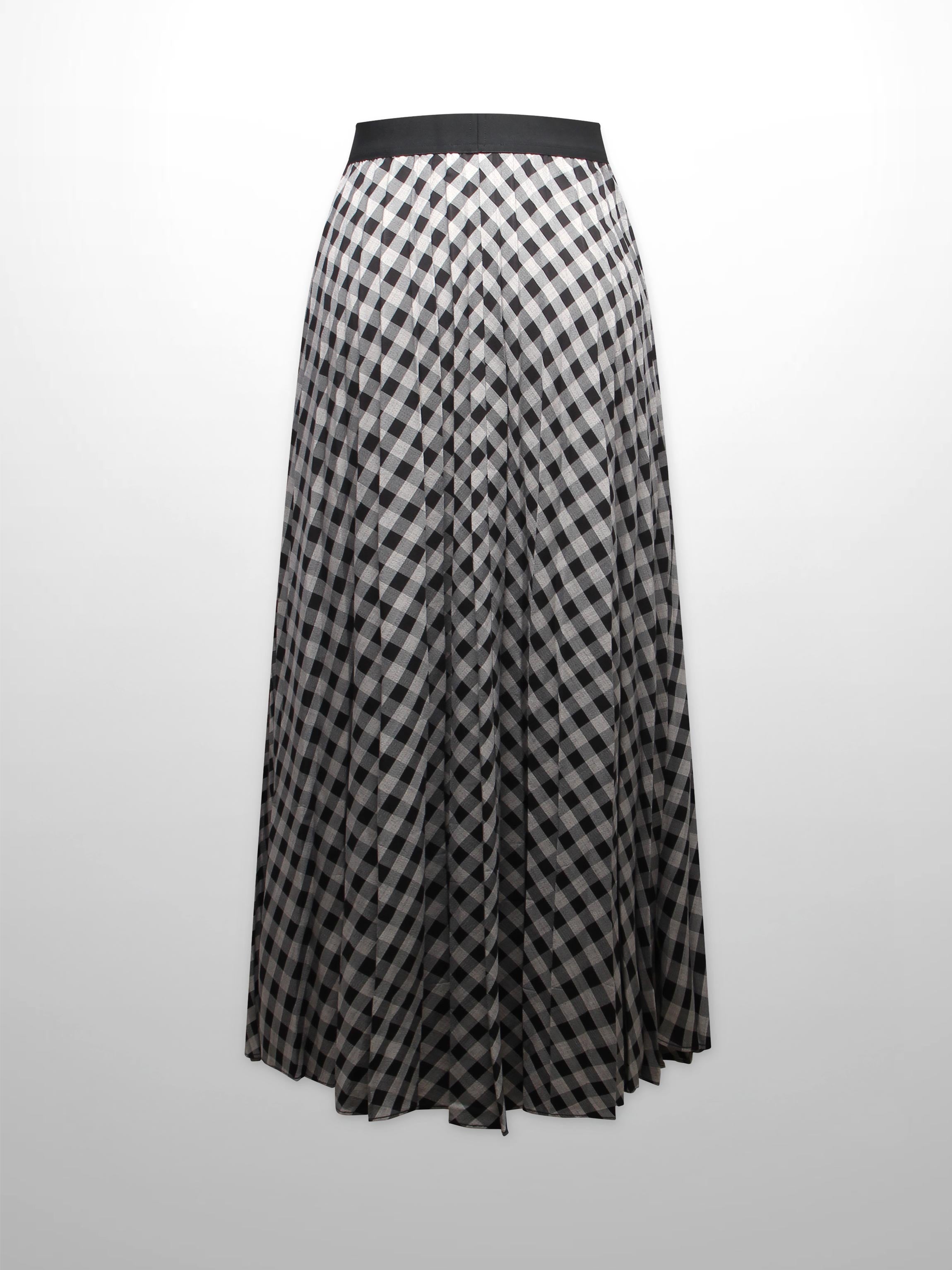 Printed Pleated Skirt-Tan/Black Gingham