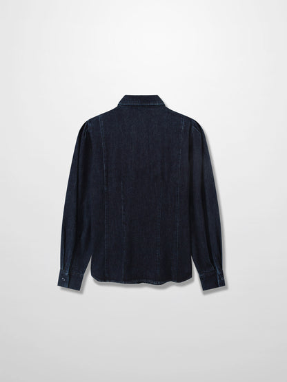 Puff Sleeve Denim Shirt-Blue