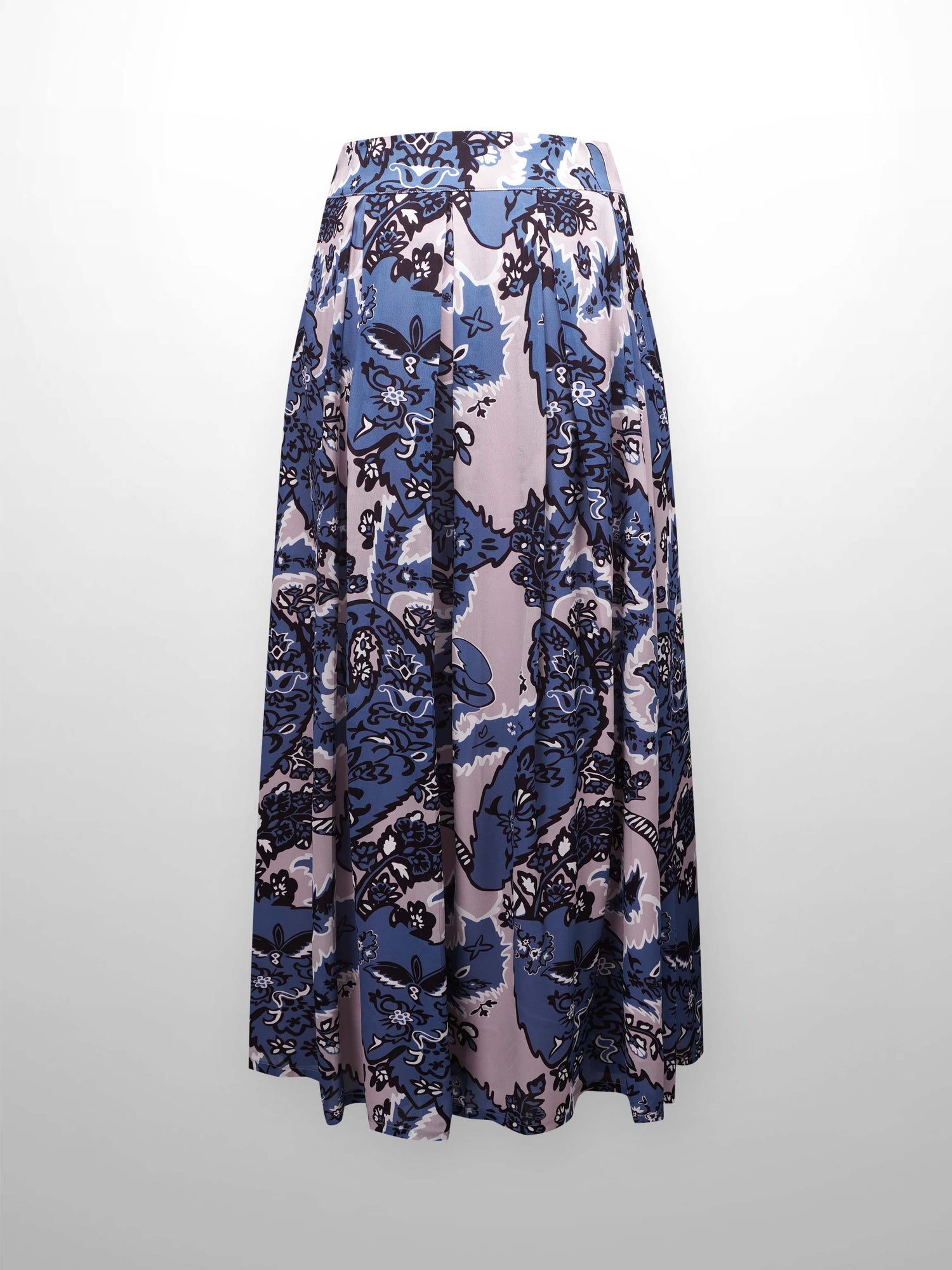 Box Pleated Chiffon Skirt-Blue/Taupe Paisley