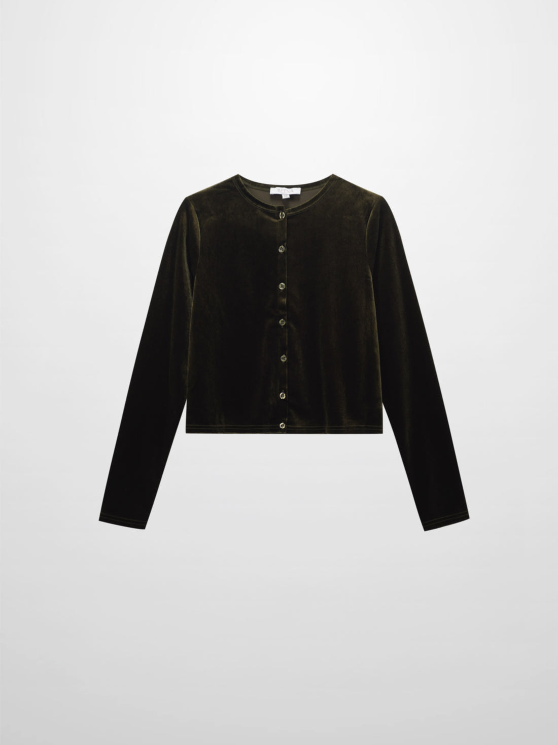 Velour Button Down Crew Cardigan-Green