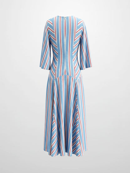 Striped Flare Sleeve Dress-Light Blue/White