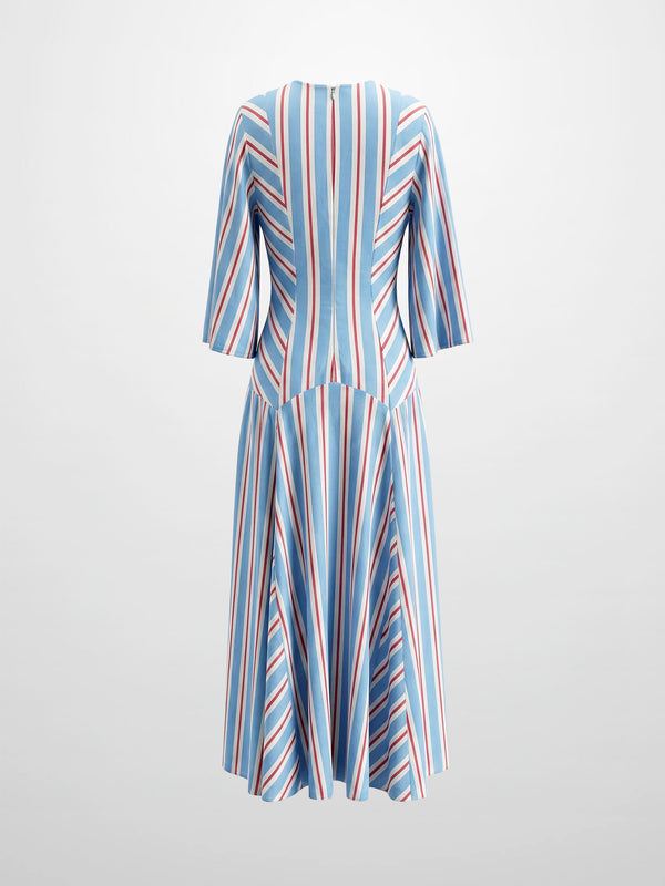 Striped Flare Sleeve Dress-Light Blue/White