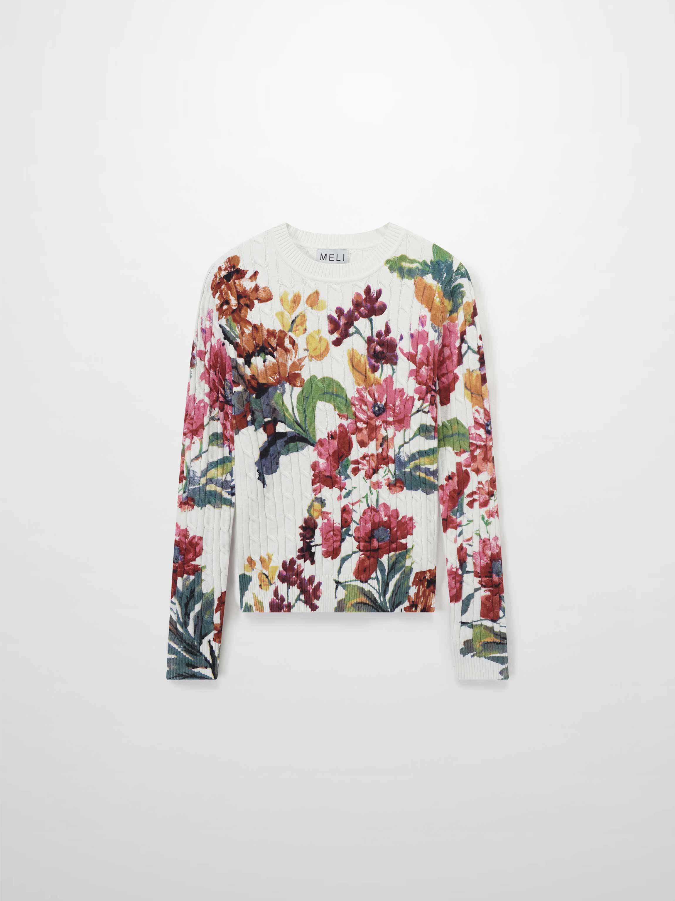 Printed Cable Sweater-Scattered Flowers