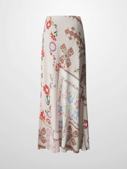 Printed Linen Blend Slip Skirt-Aztec Floral