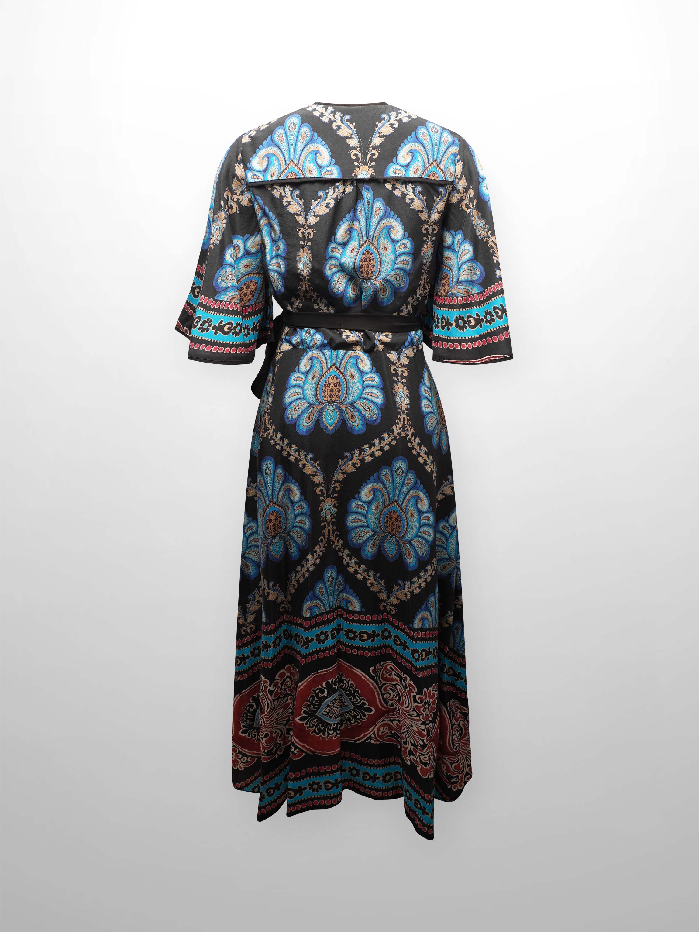 Flutter Sleeve Wrap Dress-Blue Medallion