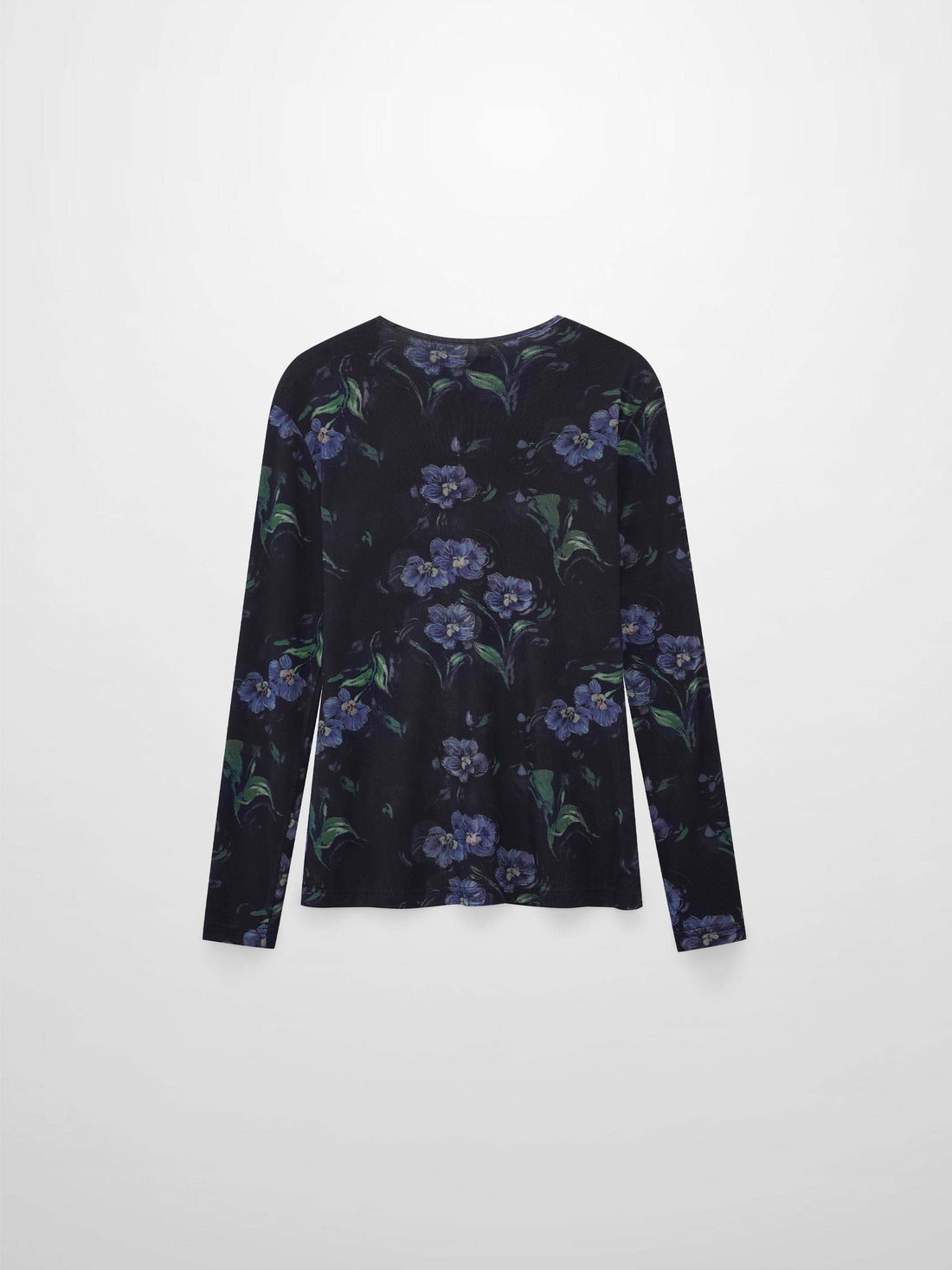 Mesh Crew Neck Print Top-Blue Floral