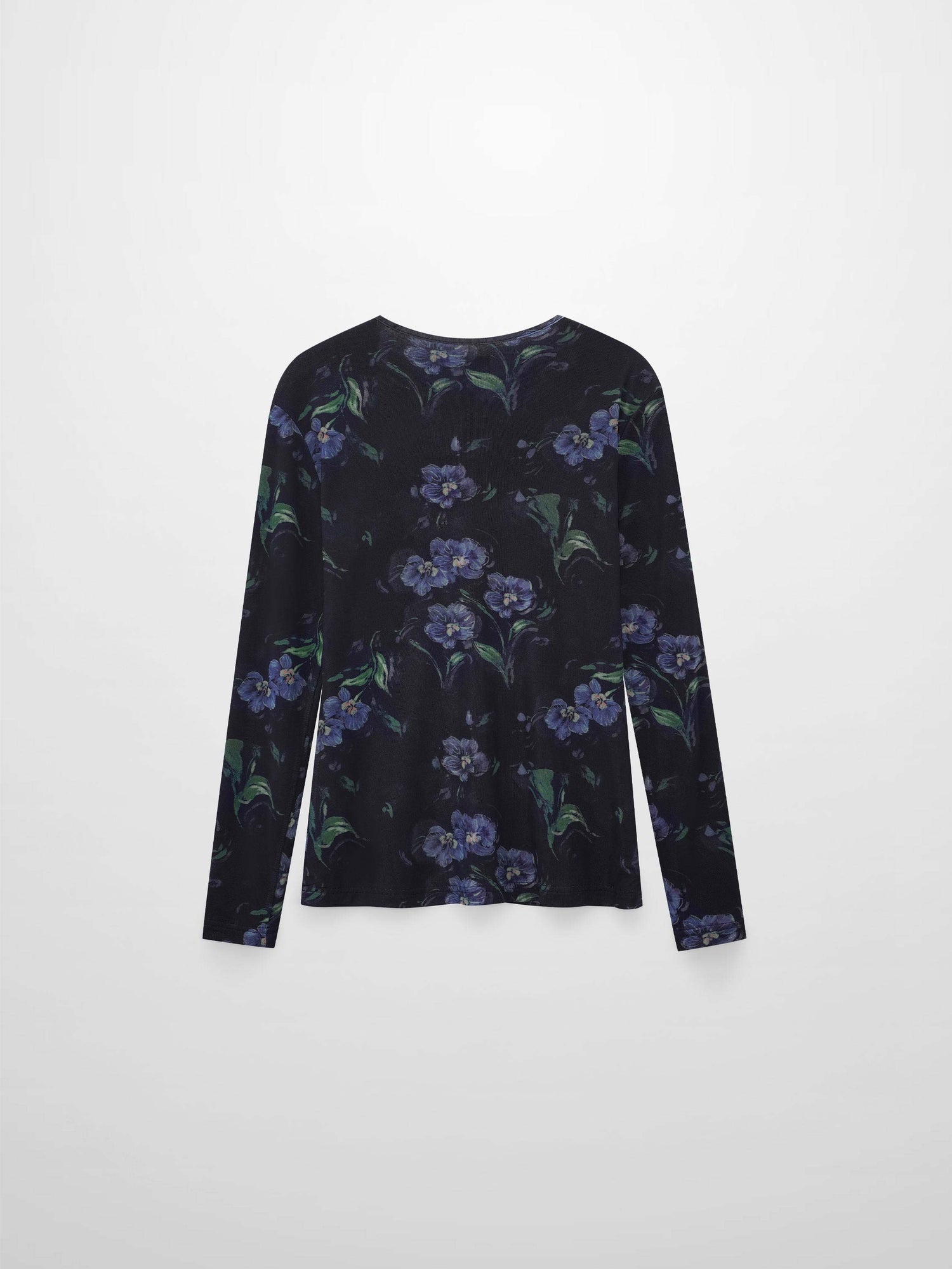 Mesh Crew Neck Print Top-Blue Floral