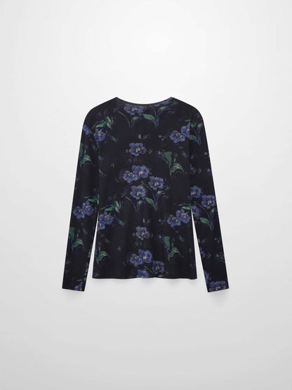 Mesh Crew Neck Print Top-Blue Floral