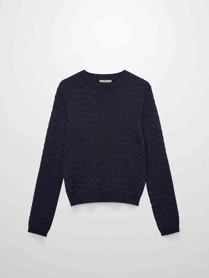 Textured Lurex Crew Sweater-Navy