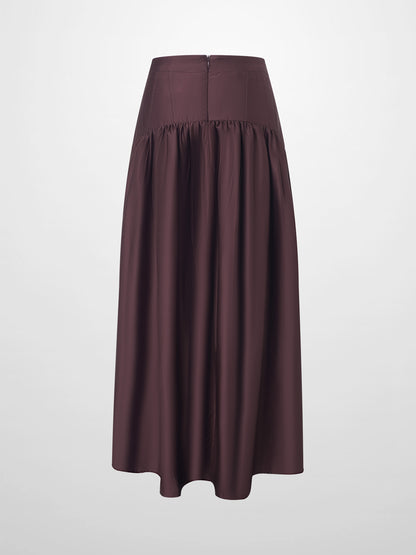 Yoke Stitched Faux Satin Skirt - Wine