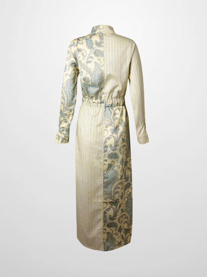 Elastic Waist Shirtdress-Mixed Floral and Stripe