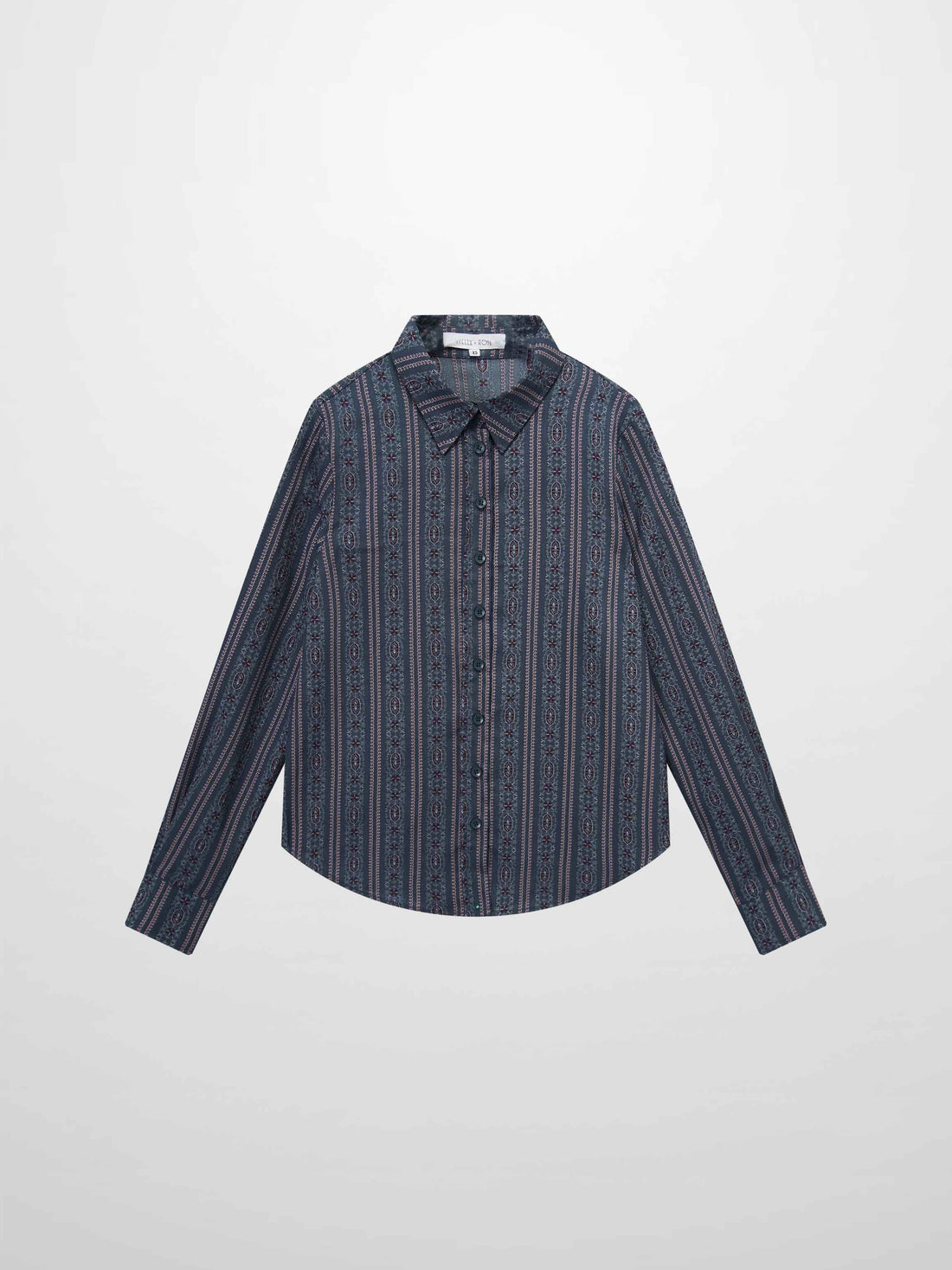 Button Down Flower Print Blouse-Blue Striped Medallion