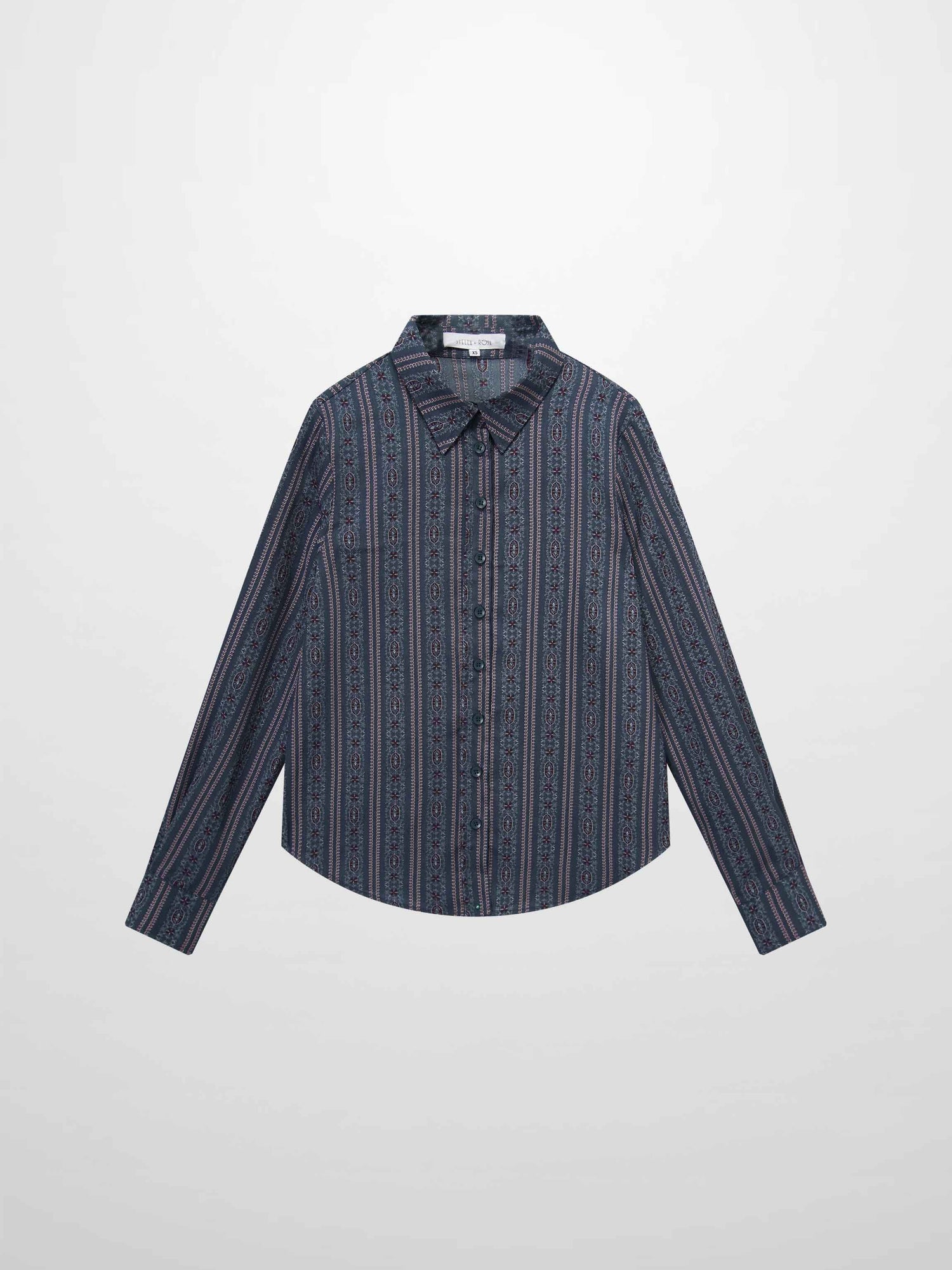 Button Down Flower Print Blouse-Blue Striped Medallion