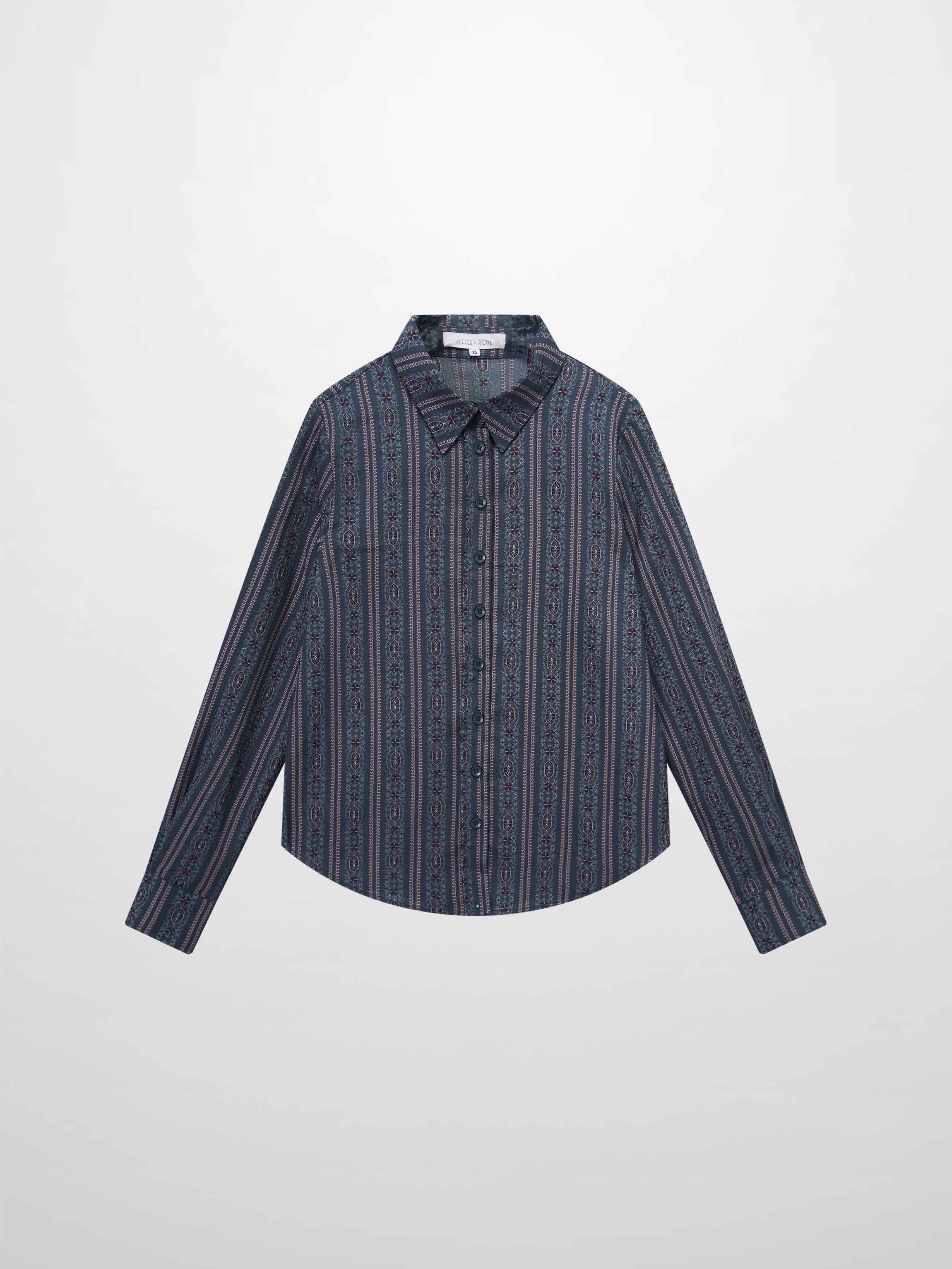 Button Down Flower Print Blouse-Blue Striped Medallion