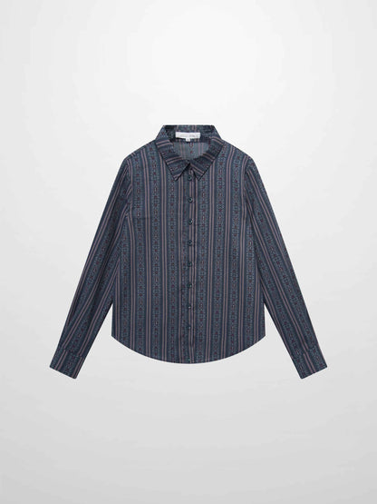 Button Down Flower Print Blouse-Blue Striped Medallion