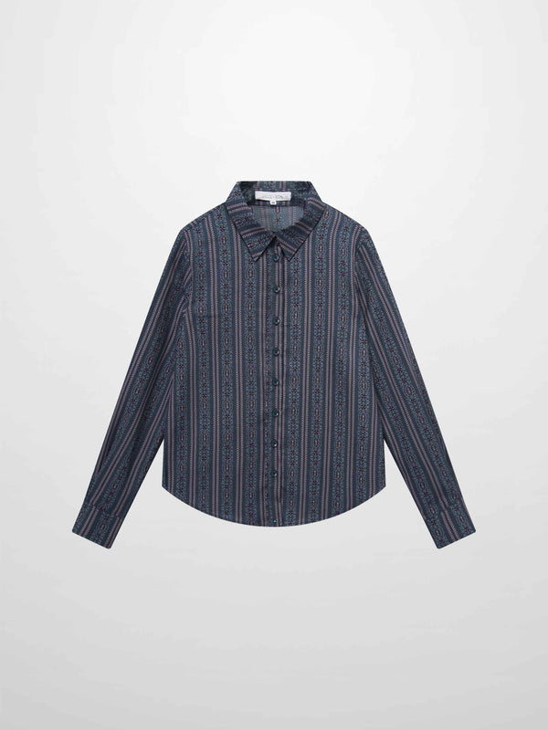 Button Down Flower Print Blouse-Blue Striped Medallion