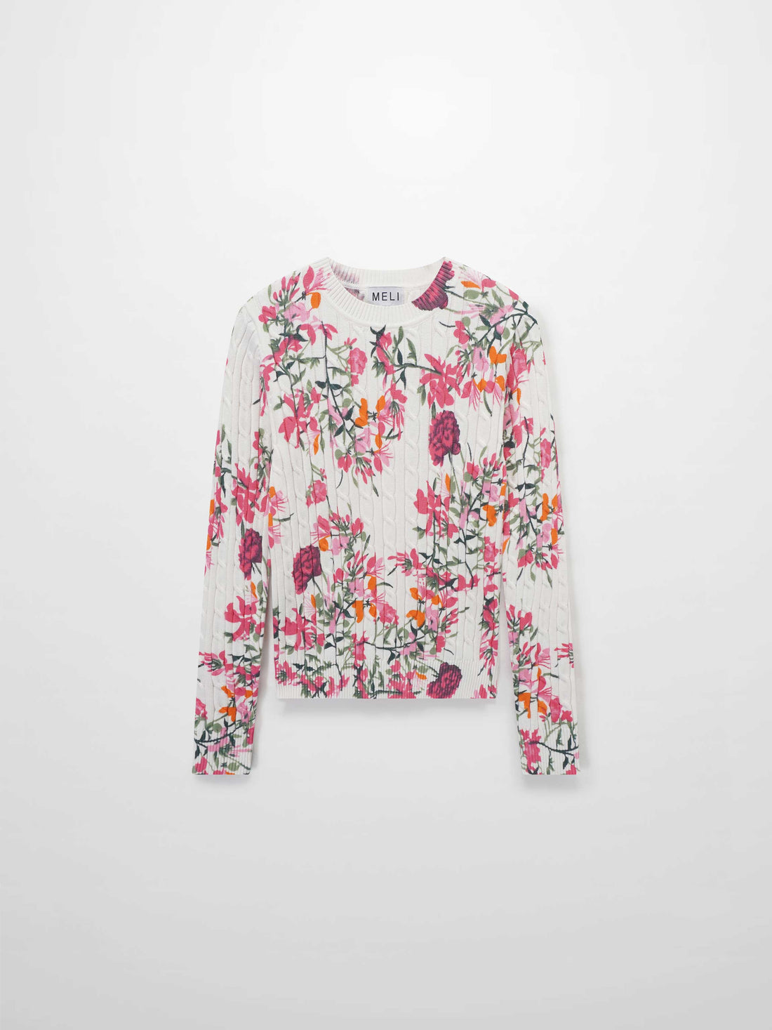 Printed Cable Sweater-Pink Floral