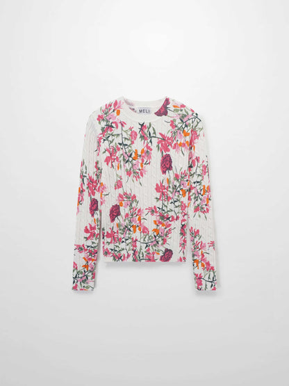 Printed Cable Sweater-Pink Floral