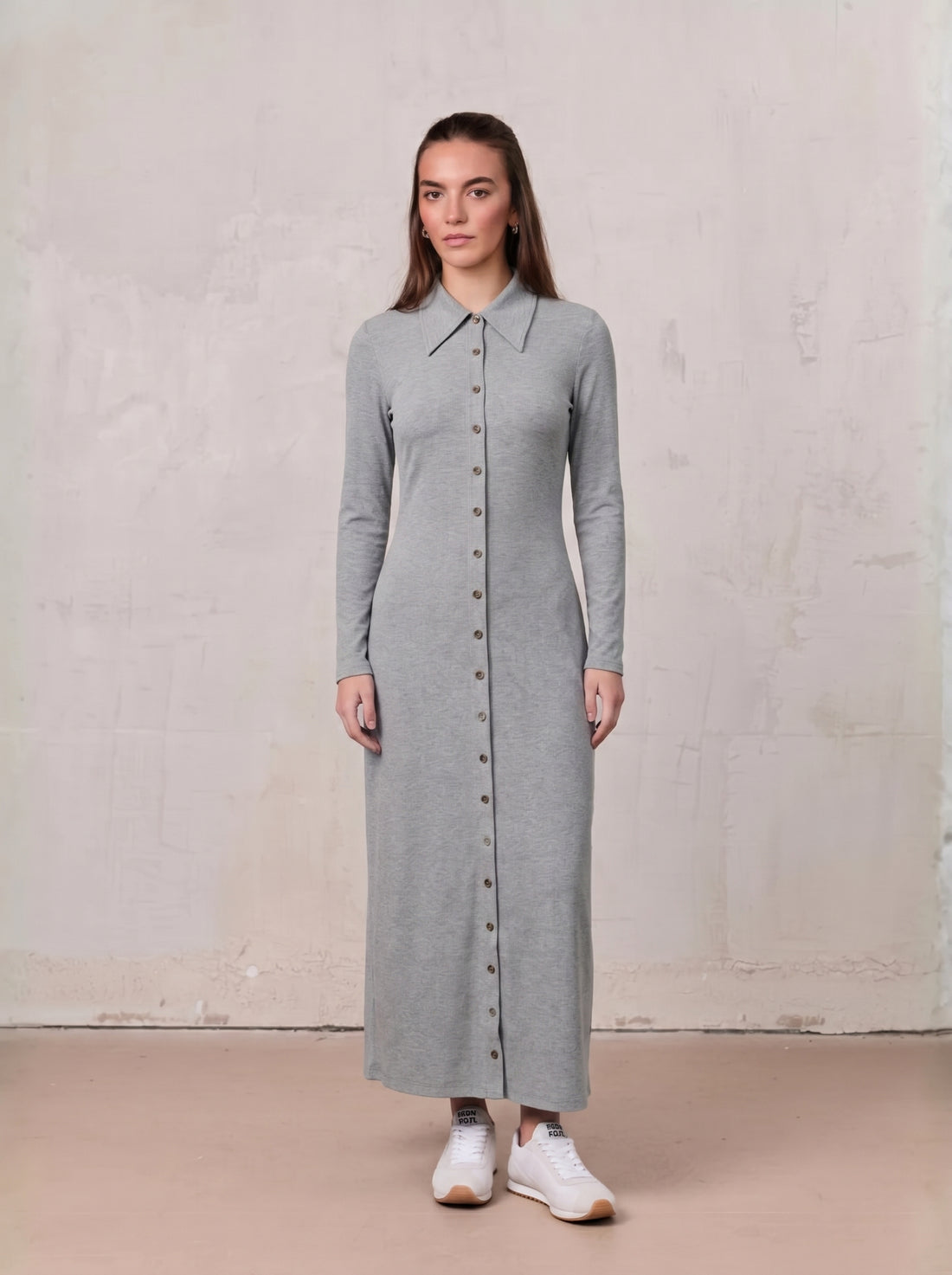 Button Down Ribbed Maxi Dress-Heathered Grey