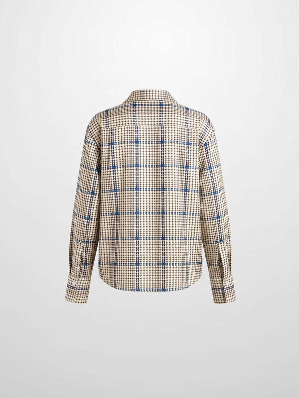 Button Down Faux Satin Blouse-Brown Houndstooth