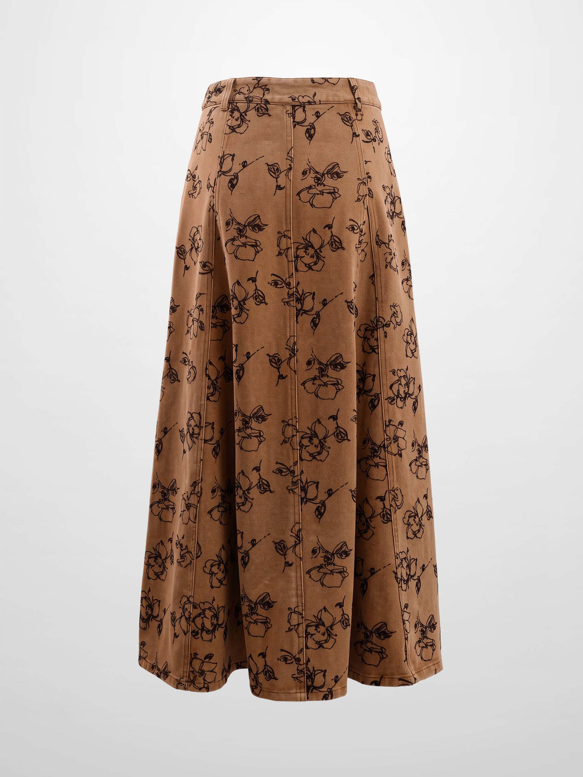 Printed Denim Flare Skirt - Brown/Black Floral
