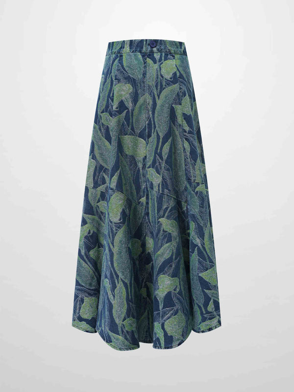 Printed Denim Trumpet Style Skirt-Blue Leaves