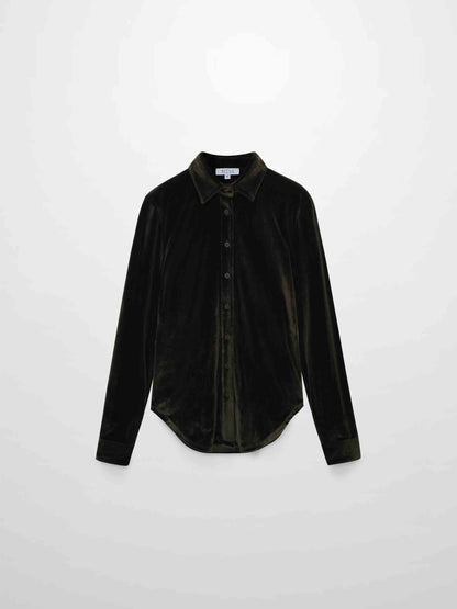 Velour Button Down Blouse-Green