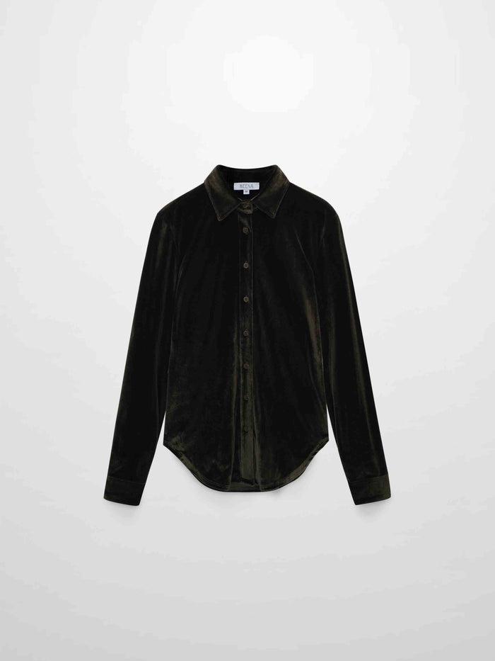Velour Button Down Blouse-Green