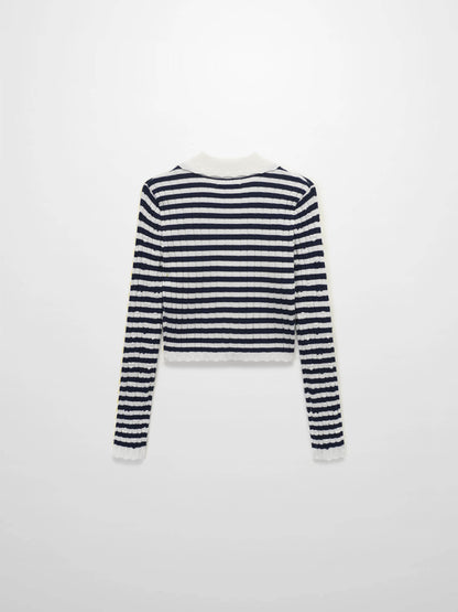 Striped Scalloped Edge Cardigan-Navy/White