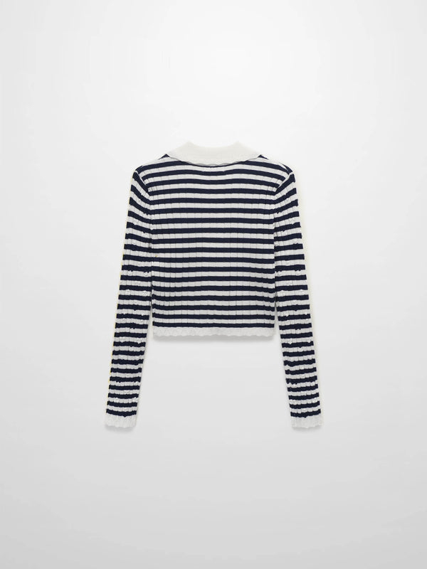 Striped Scalloped Edge Cardigan-Navy/White