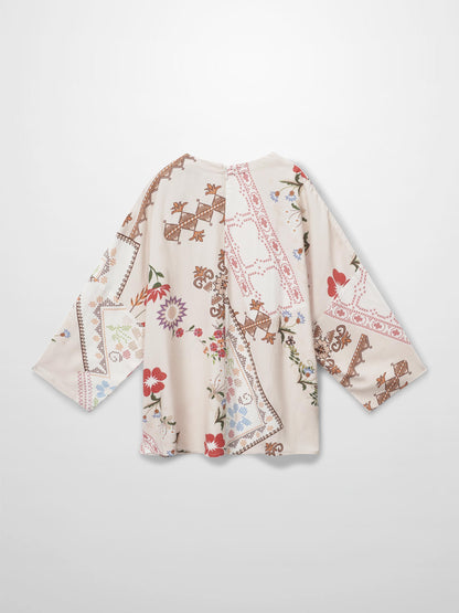 Linen Blend Crop Swing Top-Aztec Floral