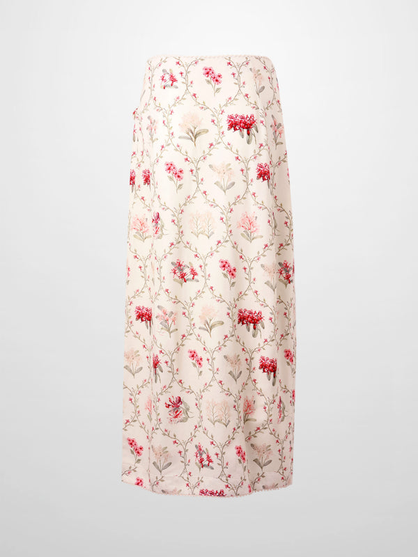 Mock Wrap Edged Detail Skirt-Floral Vines