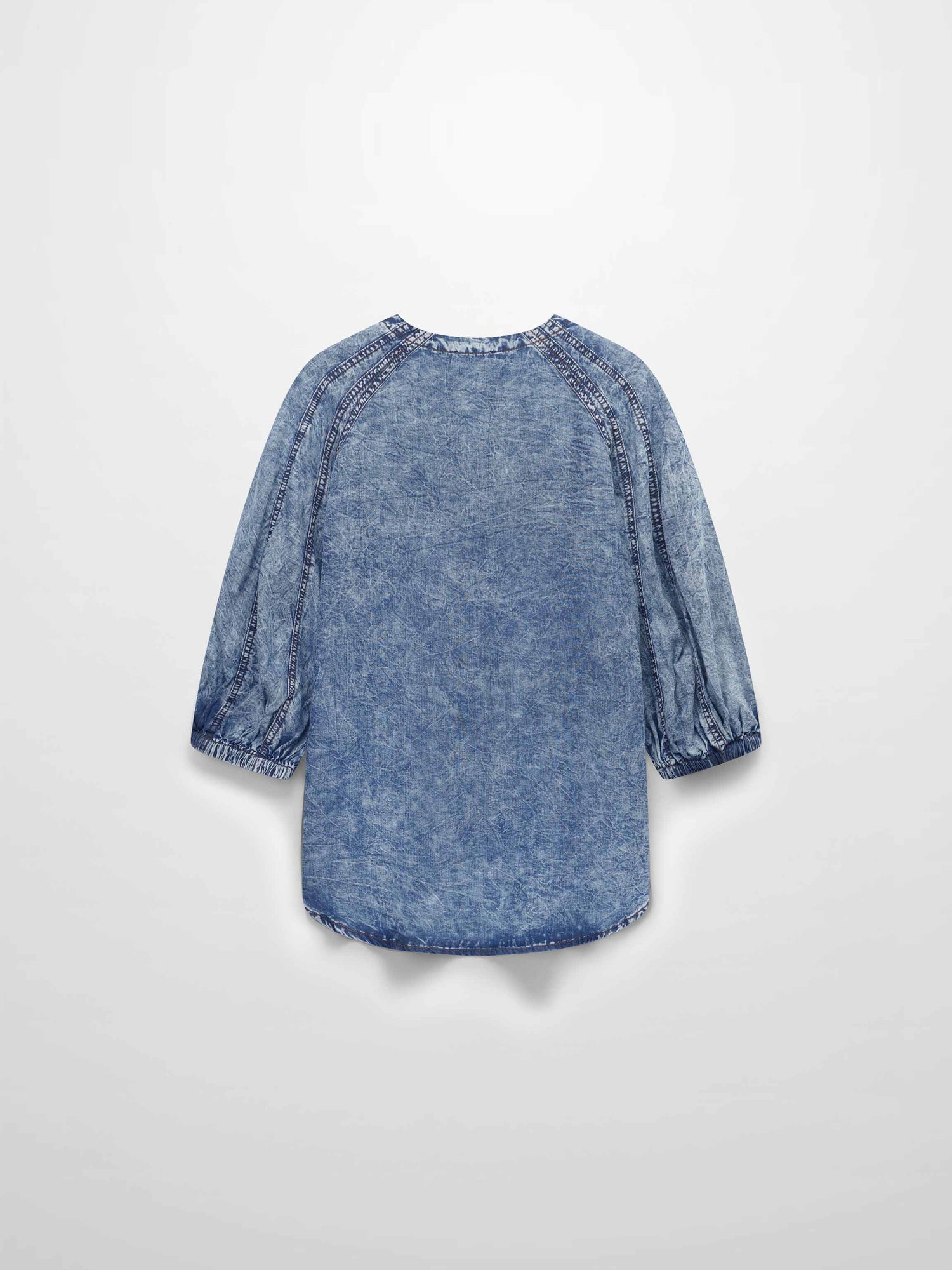 Puff Sleeve Washed Denim Blouse-Blue