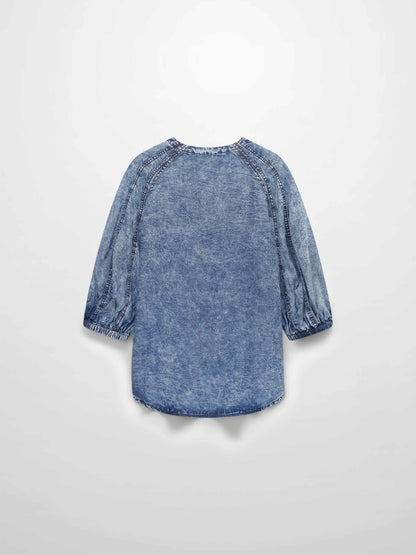 Puff Sleeve Washed Denim Blouse-Blue