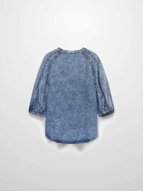 Puff Sleeve Washed Denim Blouse-Blue