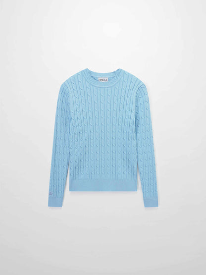Crew Neck Cable Sweater-Light Blue