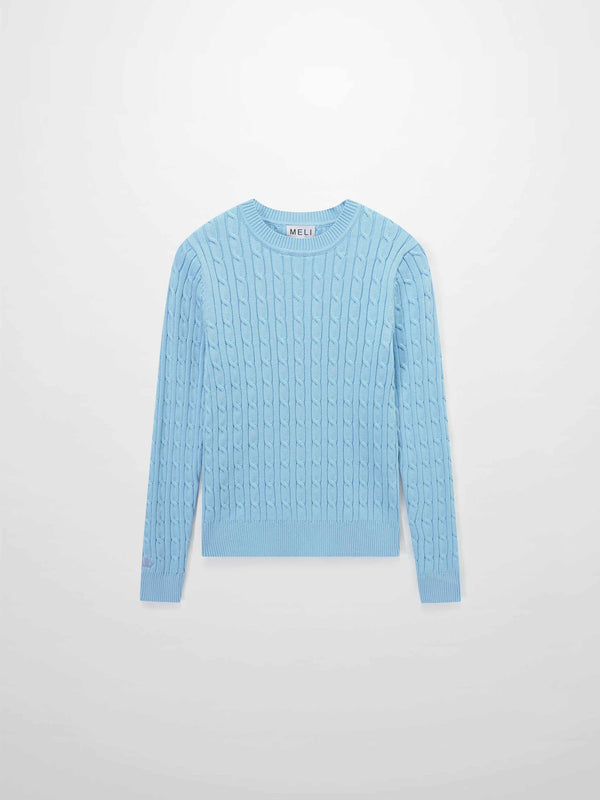 Crew Neck Cable Sweater-Light Blue