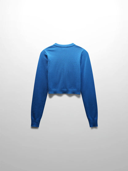 Trim Detail Crew Crop Cardigan-Bright Blue