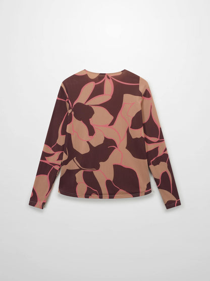 Crew Neck Printed Mesh Top-Peach Floral