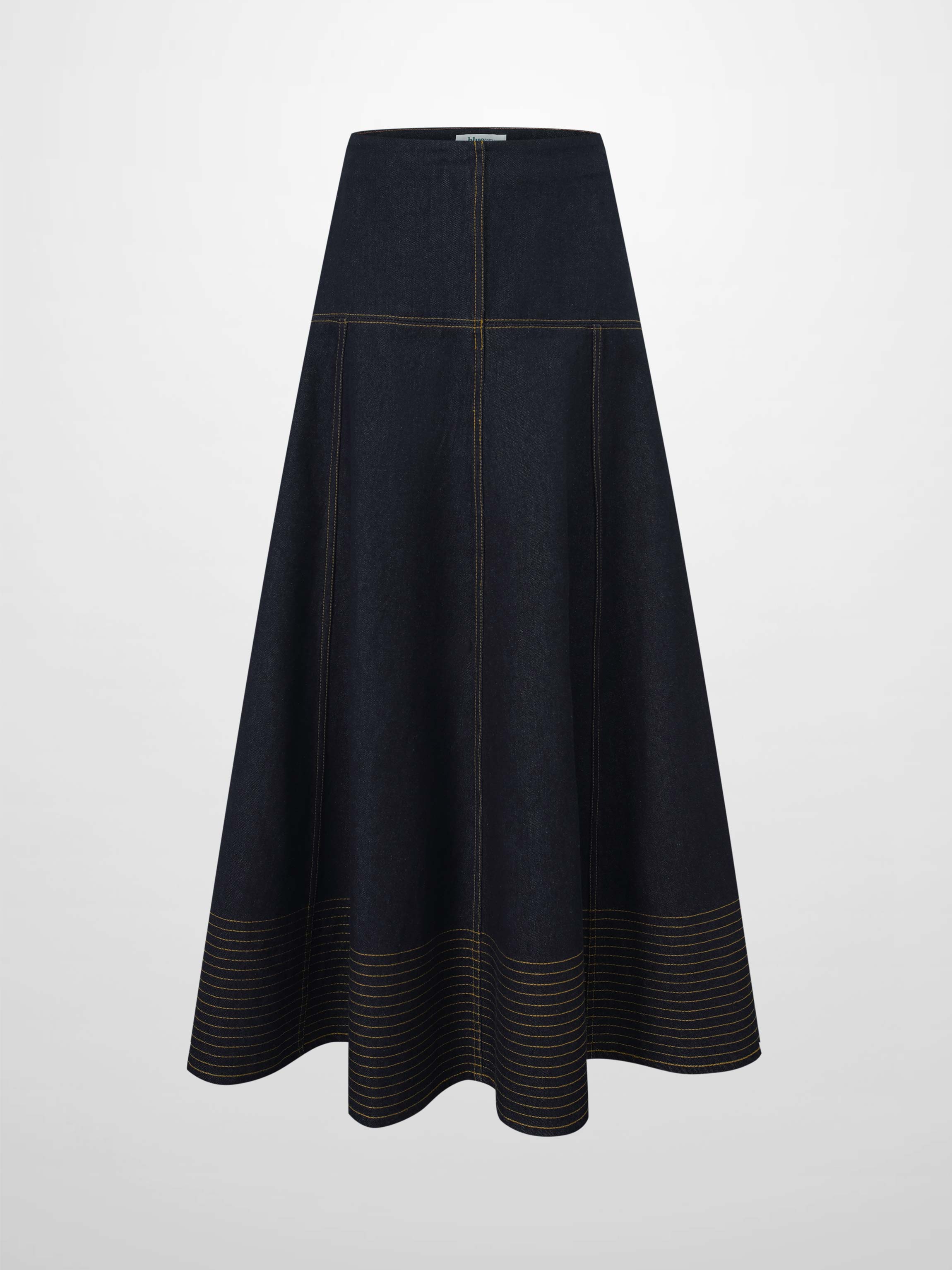 Border Stitched Yoke Denim Skirt-Blue