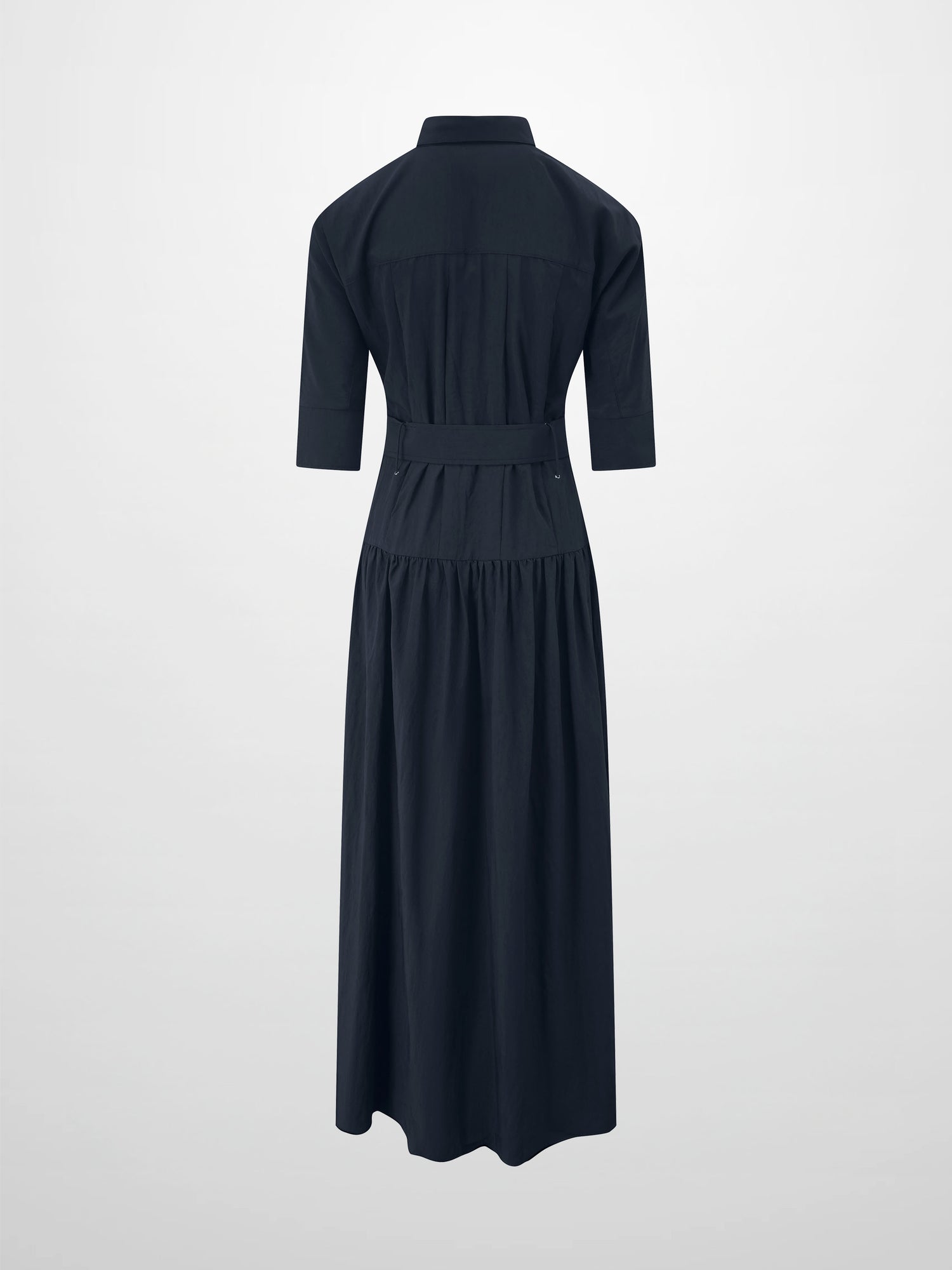 Cotton Yoke Gathered Dress-Navy