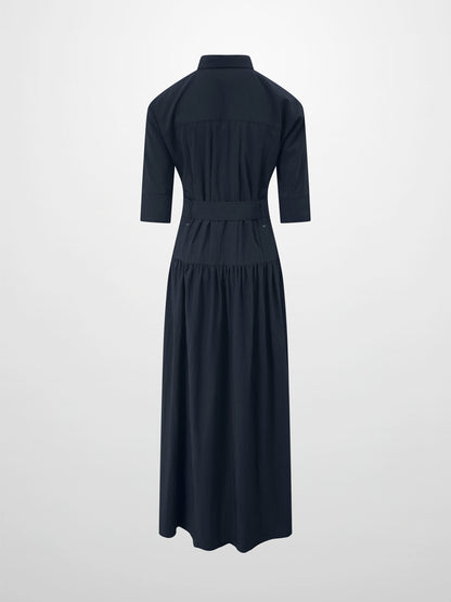 Cotton Yoke Gathered Dress-Navy