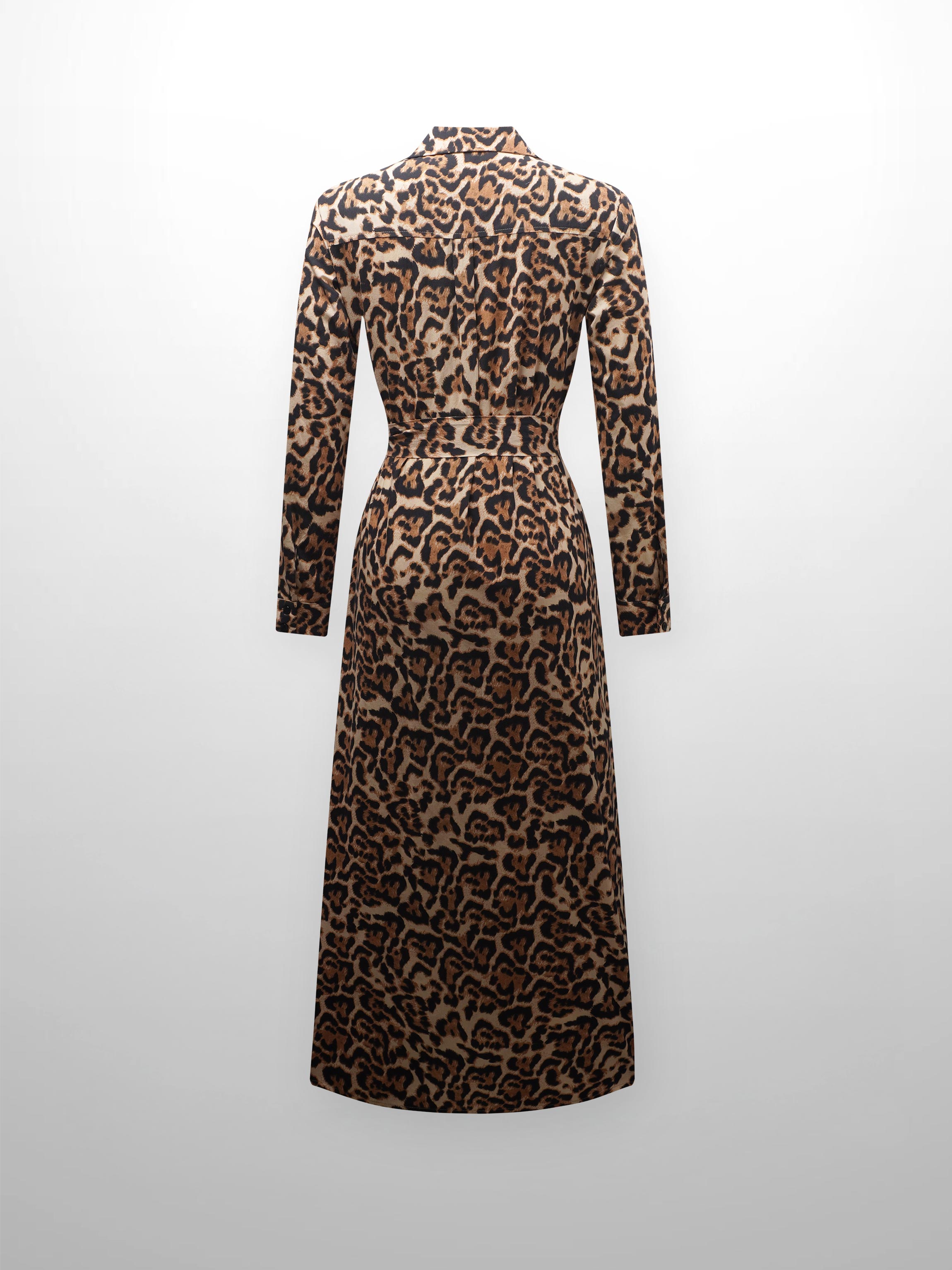 Long Button Down Shirtdress-Leopard Print