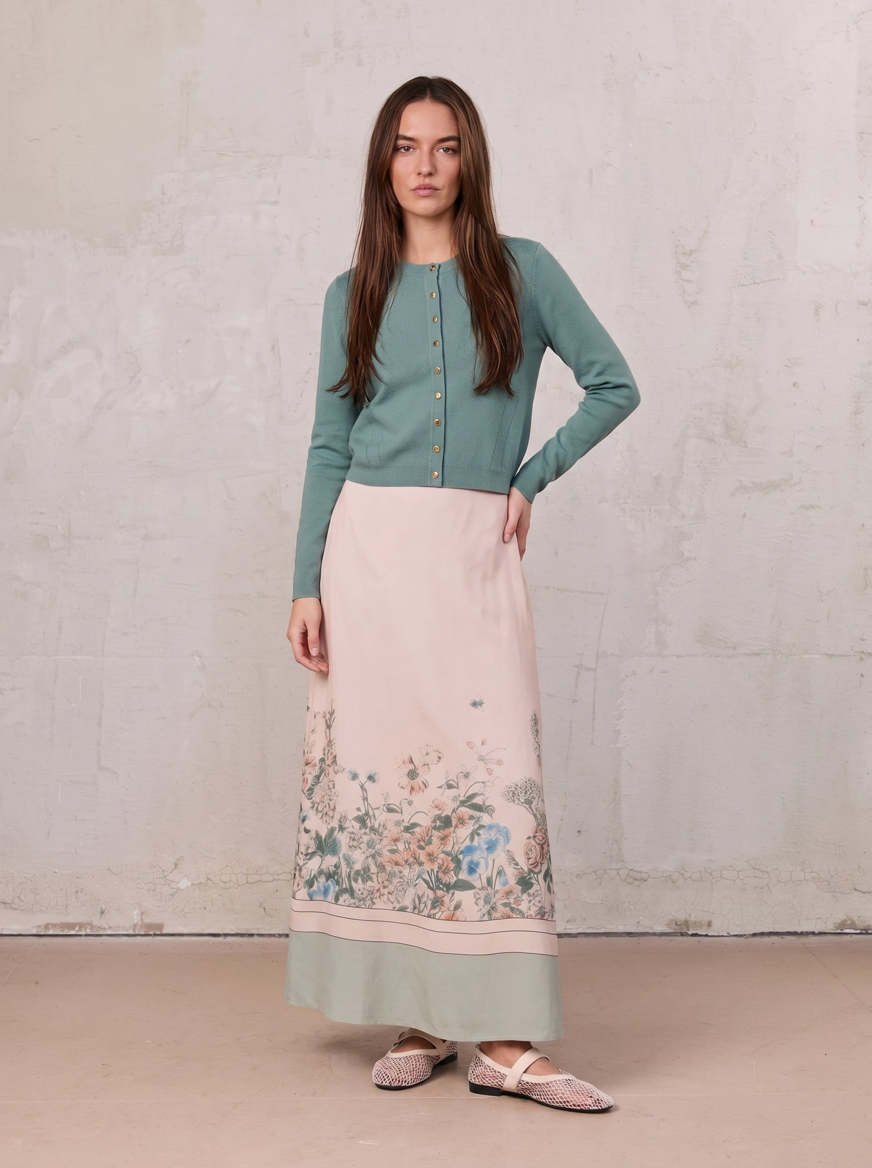 Gold Button Crop Cardigan-Sage