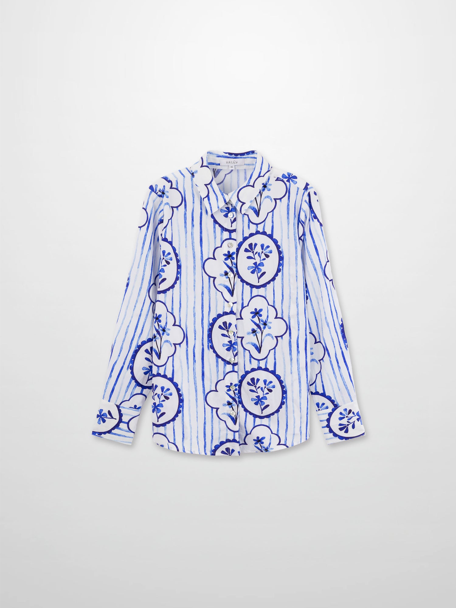 Printed Crinkle Button Down Blouse-Fresh Blue