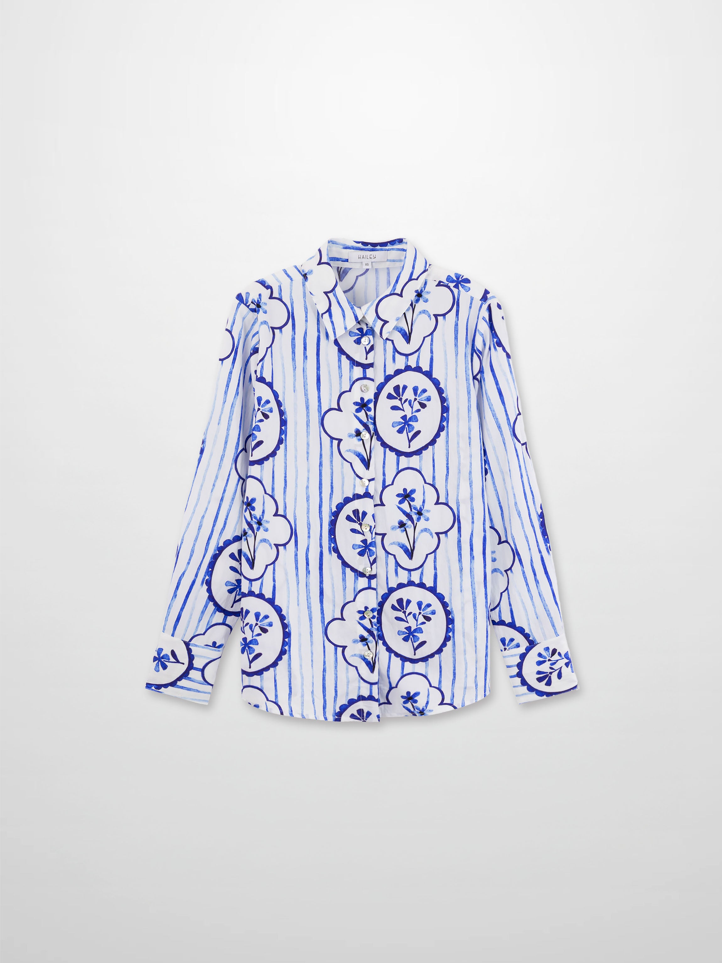 Printed Crinkle Button Down Blouse-Fresh Blue